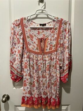 Rachel Zoe White Floral Boho Tunic with Red & Orange Accents